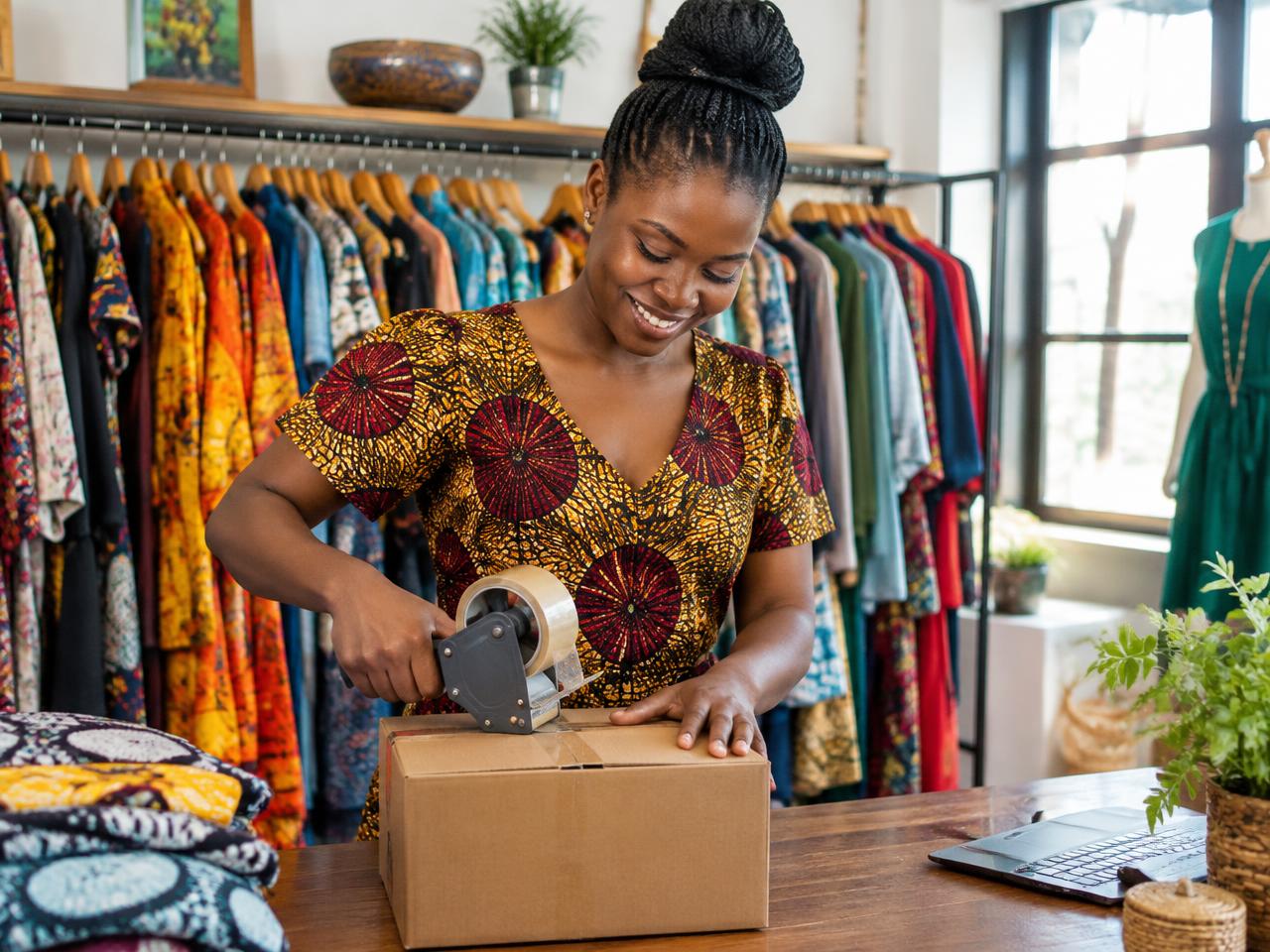 A boutique owner packing a customer order for delivery