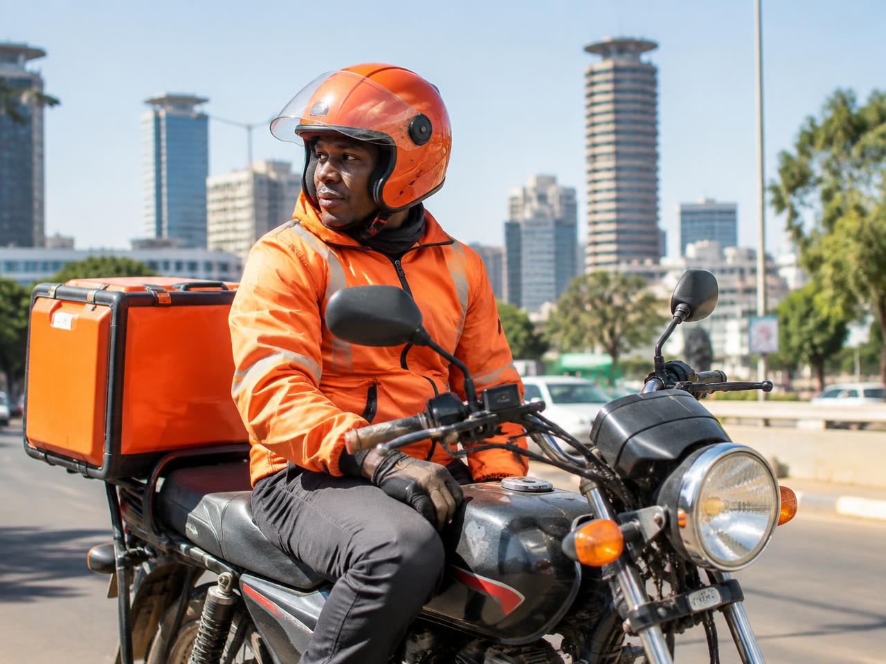 A Tumio delivery rider on a motorcycle in Nairobi